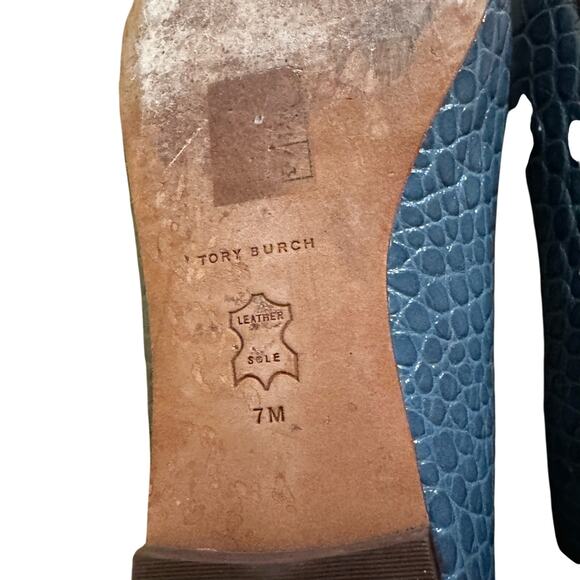 TORY BURCH Georgia Croc Reptile Embossed Blue Georgia Flats Size 7 - Picture 6 of 7